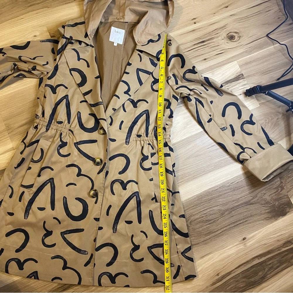 Luii Tan Khaki Abstract Graphic Print Hooded Trench‎ Coat Jacket Women Small